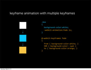 keyframe animation with multiple keyframes
.box
{
background-­‐color:white;
-­‐webkit-­‐animation:fade	
  1s;
}
@-­‐webkit-­‐keyframes	
  fade
{
from	
  {	
  background-­‐color:white;	
  }
50%	
  {	
  background-­‐color:	
  cyan	
  }
to	
  {	
  background-­‐color:orange;	
  }
}
Saturday, March 9, 13
 