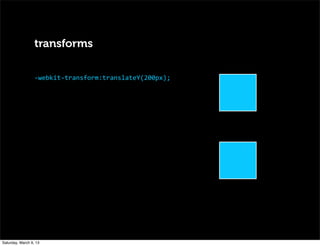 transforms
-­‐webkit-­‐transform:translateY(200px);
Saturday, March 9, 13
 