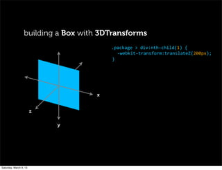 z
x
y
.package	
  >	
  div:nth-­‐child(1)	
  {
-­‐webkit-­‐transform:translateZ(200px);
}
building a Box with 3DTransforms
Saturday, March 9, 13
 