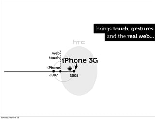 brings touch, gestures
iPhone 3G
web
touch
and the real web...
iPhone
2007 2008
Saturday, March 9, 13
 