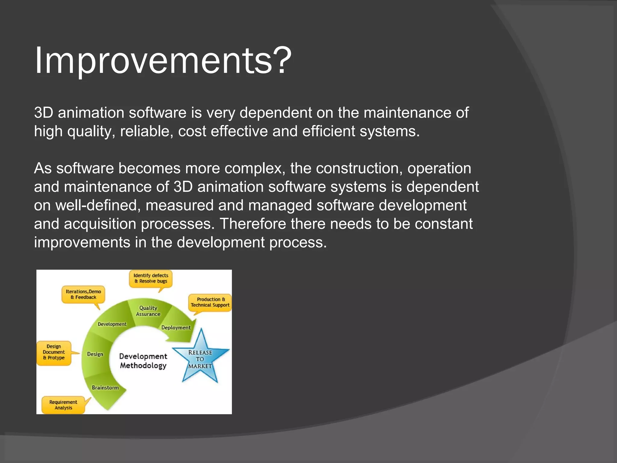 Improvements?
3D animation software is very dependent on the maintenance of
high quality, reliable, cost effective and efficient systems.
As software becomes more complex, the construction, operation
and maintenance of 3D animation software systems is dependent
on well-defined, measured and managed software development
and acquisition processes. Therefore there needs to be constant
improvements in the development process.
 