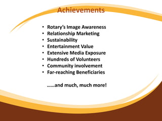 Achievements
• Rotary’s Image Awareness
• Relationship Marketing
• Sustainability
• Entertainment Value
• Extensive Media Exposure
• Hundreds of Volunteers
• Community involvement
• Far-reaching Beneficiaries
……and much, much more!
 