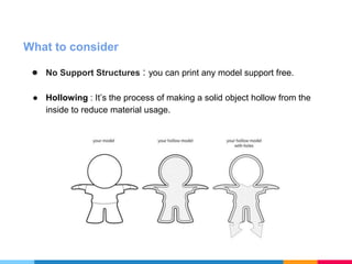 What to consider
● No Support Structures : you can print any model support free.
● Hollowing : It’s the process of making a solid object hollow from the
inside to reduce material usage.
 