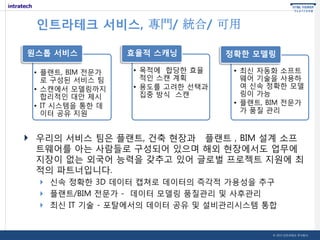 인트라테크 서비스, 專門/ 統合/ 可用
원스톱 서비스
• 플랜트, BIM 전문가
로 구성된 서비스 팀
• 스캔에서 모델링까지
합리적인 대안 제시
• IT 시스템을 통한 데
이터 공유 지원

효율적 스캐닝
• 목적에 합당한 효율
적인 스캔 계획
• 용도를 고려한 선택과
집중 방식 스캔

정확한 모델링
• 최신 자동화 소프트
웨어 기술을 사용하
여 신속 정확한 모델
링이 가능
• 플랜트, BIM 전문가
가 품질 관리

 우리의 서비스 팀은 플랜트, 건축 현장과 플랜트 , BIM 설계 소프
트웨어를 아는 사람들로 구성되어 있으며 해외 현장에서도 업무에
지장이 없는 외국어 능력을 갖추고 있어 글로벌 프로젝트 지원에 최
적의 파트너입니다.
 신속 정확한 3D 데이터 캡쳐로 데이터의 즉각적 가용성을 추구
 플랜트/BIM 전문가 - 데이터 모델링 품질관리 및 사후관리
 최신 IT 기술 - 포탈에서의 데이터 공유 및 설비관리시스템 통합

© 2013 인트라테크 주식회사

 
