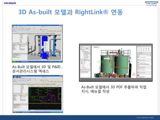 3D As-built 모델과 RightLink® 연동

As-Built 모델에서 3D 및 P&ID ,
문서관리시스템 액세스

As-Built 모델에서 3D PDF 추출하여 작업
지시, 매뉴얼 작성

© 2013 인트라테크 주식회사

 