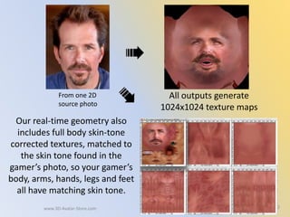 All outputs generate
1024x1024 texture maps
12
Our real-time geometry also
includes full body skin-tone
corrected textures, matched to
the skin tone found in the
gamer’s photo, so your gamer’s
body, arms, hands, legs and feet
all have matching skin tone.
From one 2D
source photo
www.3D-Avatar-Store.com
 