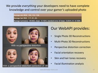• Single Photo 3D Reconstructions
• Multi-Photo 3D Reconstructions
• Perspective distortion correction
• Facial orientation recovery
• Skin and hair tones recovery
• Facial illumination analysis
17
We provide everything your developers need to have complete
knowledge and control over your gamer’s uploaded photo
Our WebAPI provides:
www.3D-Avatar-Store.com
 