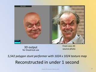24
5,542 polygon stunt performer with 1024 x 1024 texture map
Reconstructed in under 1 second
3D output From one 2D
source photofor theatrical use
www.3D-Avatar-Store.com
 
