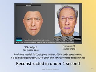 25
Real-time model: 780 polygons with a 1024 x 1024 texture map
+ 5 additional full body 1024 x 1024 skin tone corrected texture maps
Reconstructed in under 1 second
3D output From one 2D
source photofor mobile apps
www.3D-Avatar-Store.com
 