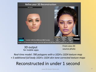27
Real-time model: 780 polygons with a 1024 x 1024 texture map
+ 5 additional full body 1024 x 1024 skin tone corrected texture maps
Reconstructed in under 1 second
3D output From one 2D
source photofor mobile apps
www.3D-Avatar-Store.com
 