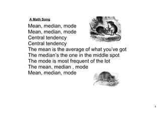 A Math Song

Mean, median, mode
Mean, median, mode
Central tendency
Central tendency
The mean is the average of what you’ve got
The median’s the one in the middle spot
The mode is most frequent of the lot
The mean, median , mode
Mean, median, mode




                                             1
 