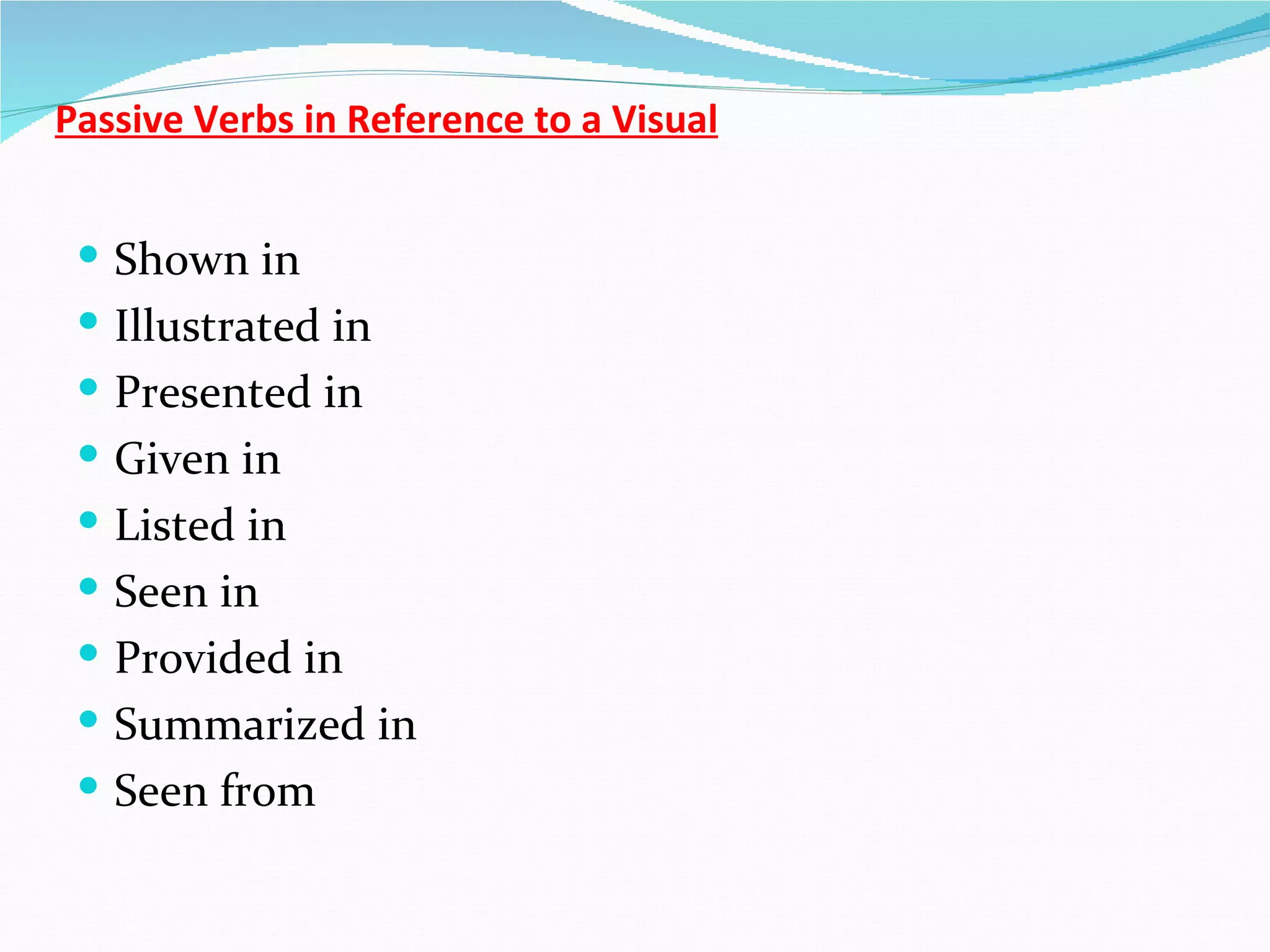 Passive Verbs in Reference to a Visual


  Shown in
  Illustrated in
  Presented in
  Given in
  Listed in
  Seen in
  Provided in
  Summarized in
  Seen from
 