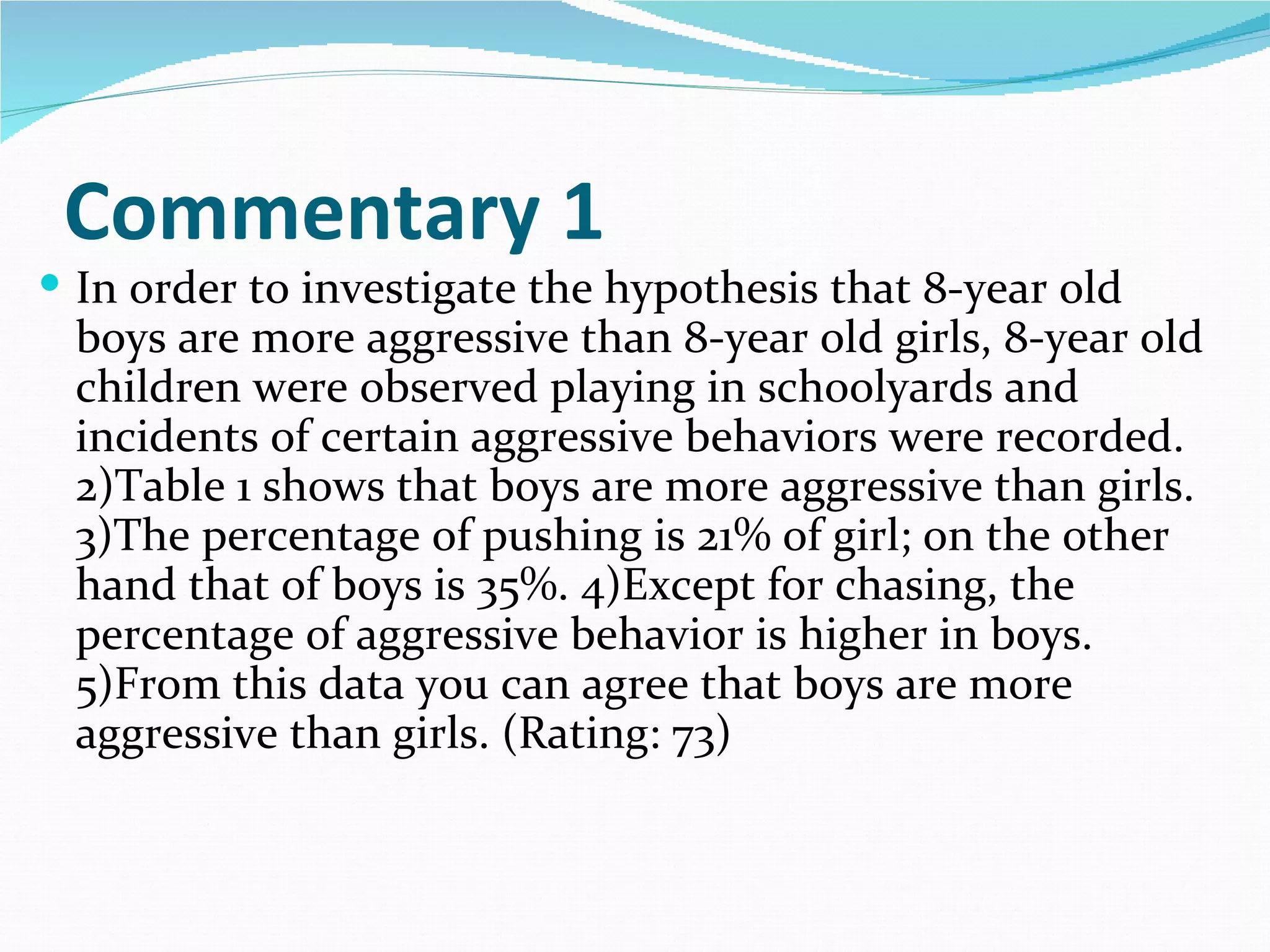Commentary 1
 In order to investigate the hypothesis that 8-year old
 boys are more aggressive than 8-year old girls, 8-year old
 children were observed playing in schoolyards and
 incidents of certain aggressive behaviors were recorded.
 2)Table 1 shows that boys are more aggressive than girls.
 3)The percentage of pushing is 21% of girl; on the other
 hand that of boys is 35%. 4)Except for chasing, the
 percentage of aggressive behavior is higher in boys.
 5)From this data you can agree that boys are more
 aggressive than girls. (Rating: 73)
 