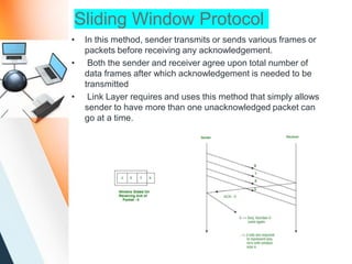 Sliding Window Protocol
• In this method, sender transmits or sends various frames or
packets before receiving any acknowledgement.
• Both the sender and receiver agree upon total number of
data frames after which acknowledgement is needed to be
transmitted
• Link Layer requires and uses this method that simply allows
sender to have more than one unacknowledged packet can
go at a time.
 