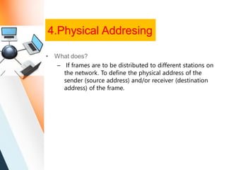 4.Physical Addresing
• What does?
– If frames are to be distributed to different stations on
the network. To define the physical address of the
sender (source address) and/or receiver (destination
address) of the frame.
 