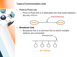 Types of Communication Links
• Point to Point Link
– Point to Point link is a dedicated link that exists between
the two stations.
• Broadcast Link
– Broadcast link is a common link to which multiple
stations are connected
 