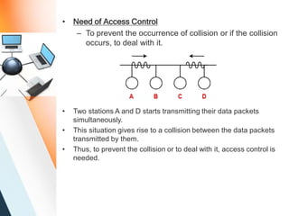 • Need of Access Control
– To prevent the occurrence of collision or if the collision
occurs, to deal with it.
• Two stations A and D starts transmitting their data packets
simultaneously.
• This situation gives rise to a collision between the data packets
transmitted by them.
• Thus, to prevent the collision or to deal with it, access control is
needed.
 