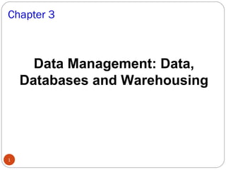 Chapter 3



      Data Management: Data,
    Databases and Warehousing




1
 