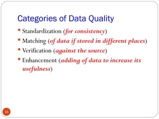 Categories of Data Quality
      Standardization (for consistency)
      Matching (of data if stored in different places)
      Verification (against the source)
      Enhancement (adding of data to increase its
      usefulness)




16
 