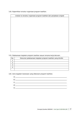 118. Kepemilikan struktur organisasi program keahlian.
Uraikan isi struktur organisasi program keahlian dan penjelasan singkat
119. Pelaksanaan kegiatan program keahlian sesuai rencana kerja tahunan.
No. Dokumen pelaksanaan kegiatan program keahlian yang dimiliki
1
2
3
4
120. Jenis kegiatan kesiswaan yang dilakukan program keahlian.
a) ____________________________________________________________
b) ____________________________________________________________
c) ____________________________________________________________
d) ____________________________________________________________
e) ____________________________________________________________
Perangkat Akreditasi SMK/MAK - Hak Cipta © 2009 BAN-S/M | 27
 