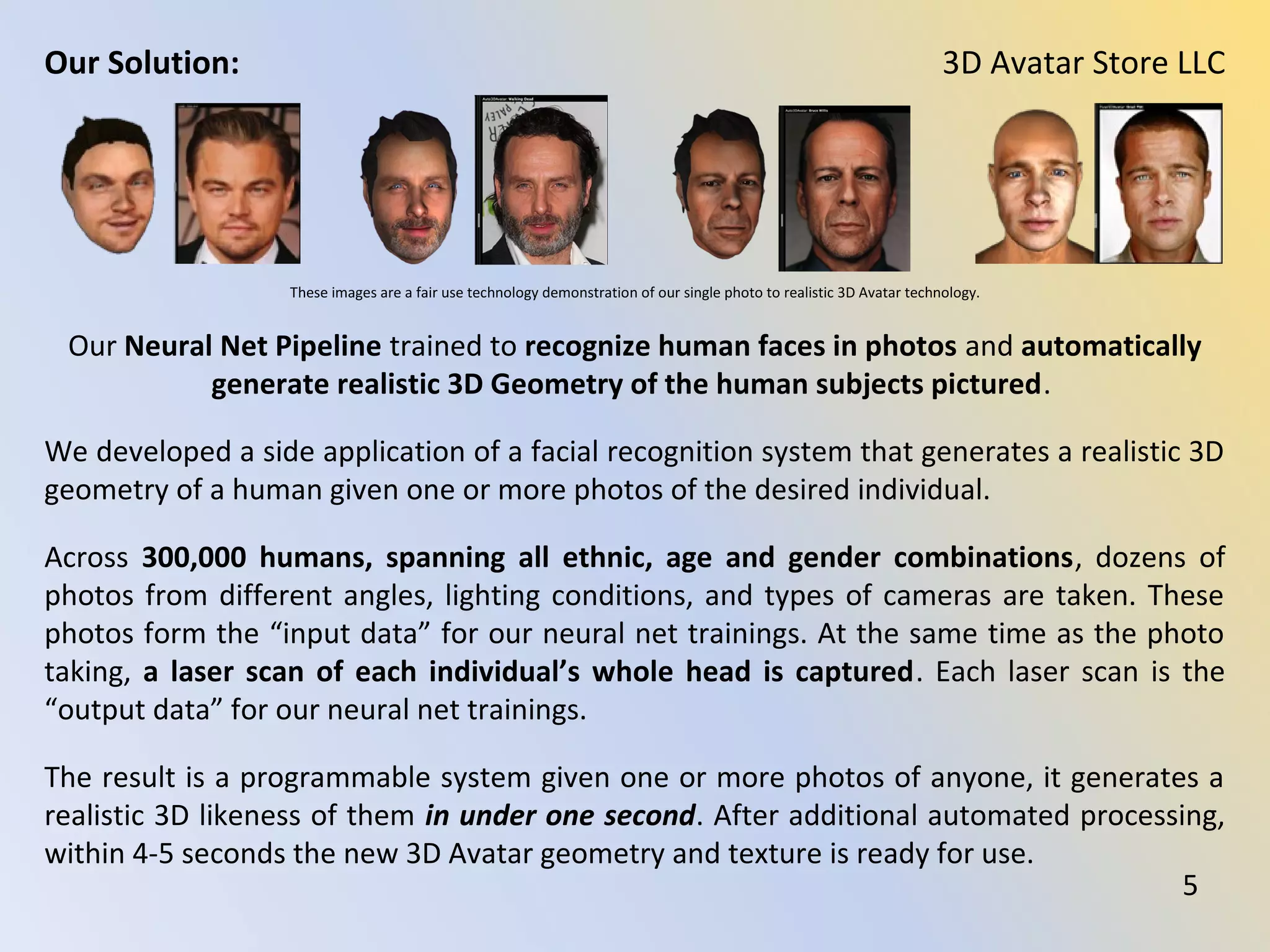 Our Neural Net Pipeline trained to recognize human faces in photos and automatically
generate realistic 3D Geometry of the human subjects pictured.
We developed a side application of a facial recognition system that generates a realistic 3D
geometry of a human given one or more photos of the desired individual.
Across 300,000 humans, spanning all ethnic, age and gender combinations, dozens of
photos from different angles, lighting conditions, and types of cameras are taken. These
photos form the “input data” for our neural net trainings. At the same time as the photo
taking, a laser scan of each individual’s whole head is captured. Each laser scan is the
“output data” for our neural net trainings.
The result is a programmable system given one or more photos of anyone, it generates a
realistic 3D likeness of them in under one second. After additional automated processing,
within 4-5 seconds the new 3D Avatar geometry and texture is ready for use.
3D Avatar Store LLCOur Solution:
5
These images are a fair use technology demonstration of our single photo to realistic 3D Avatar technology.
 