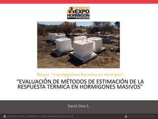 Bloque: ”Investigaciones Recientes en Hormigón”
“EVALUACIÓN DE MÉTODOS DE ESTIMACIÓN DE LA
RESPUESTA TÉRMICA EN HORMIGONES MASIVOS”
David Silva S.
 