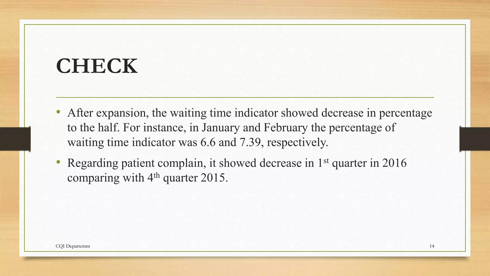 CHECK
• After expansion, the waiting time indicator showed decrease in percentage
to the half. For instance, in January and February the percentage of
waiting time indicator was 6.6 and 7.39, respectively.
• Regarding patient complain, it showed decrease in 1st quarter in 2016
comparing with 4th quarter 2015.
CQI Departemnt 14
 