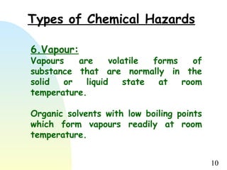 10
Types of Chemical Hazards
6.Vapour:
Vapours are volatile forms of
substance that are normally in the
solid or liquid state at room
temperature.
Organic solvents with low boiling points
which form vapours readily at room
temperature.
 