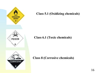 16
Class 5.1 (Oxidizing chemicals)
.
Class 6.1 (Toxic chemicals)
Class 8 (Corrosive chemicals)
 