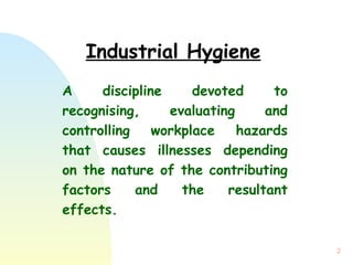 2
A discipline devoted to
recognising, evaluating and
controlling workplace hazards
that causes illnesses depending
on the nature of the contributing
factors and the resultant
effects.
Industrial Hygiene
 