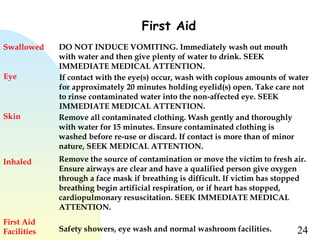 24
First Aid
Swallowed DO NOT INDUCE VOMITING. Immediately wash out mouth
with water and then give plenty of water to drink. SEEK
IMMEDIATE MEDICAL ATTENTION.
Eye If contact with the eye(s) occur, wash with copious amounts of water
for approximately 20 minutes holding eyelid(s) open. Take care not
to rinse contaminated water into the non-affected eye. SEEK
IMMEDIATE MEDICAL ATTENTION.
Skin Remove all contaminated clothing. Wash gently and thoroughly
with water for 15 minutes. Ensure contaminated clothing is
washed before re-use or discard. If contact is more than of minor
nature, SEEK MEDICAL ATTENTION.
Inhaled Remove the source of contamination or move the victim to fresh air.
Ensure airways are clear and have a qualified person give oxygen
through a face mask if breathing is difficult. If victim has stopped
breathing begin artificial respiration, or if heart has stopped,
cardiopulmonary resuscitation. SEEK IMMEDIATE MEDICAL
ATTENTION.
First Aid
Facilities Safety showers, eye wash and normal washroom facilities.
 