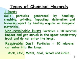 5
Types of Chemical Hazards
1.Dust:
Solid particles generated by handling,
crushing, grinding, impacting, detonation and
breaking apart by heating organic or inorganic
materials.
Rock, Ore, Metal, Coal, Wood and Grain.
Respirable Dust: Particles < 10 microns
can enter into the lungs.
Non-respirable Dust: Particles > 10 microns
Impact and get struck in the upper respiratory
tract and do not enter the lungs.
 