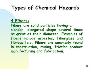 8
Types of Chemical Hazards
4.Fibers:
Fibers are solid particles having a
slender, elongated shape several times
as great as their diameter. Examples of
fibers include asbestos, Fiberglass and
fibrous talc. Fibers are commonly found
in construction, mining, friction product
manufacturing and fabrication.
 