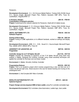 Panasonic..
Development Environment: C++, C#, Ericsson Mobile Platform, Tortoise SVN, ECOM, Visual
C++, Source Insight, Microsoft Project Plan, Platform Assistant, EMP API’s, Trace 32,
LautherBach, Bugzilla,DRM 1.0
4. Ericsson, Sweden JAN 05 – FEB 05
Customization of Network selection
Project: Customized UI for network selection for Panasonic. Dealt with UI relates issues.
Development Environment: C, C++,Ericsson Mobile Platform, Tortoise SVN, ECOM, Visual
C++, Source Insight, Microsoft Project Plan, Platform Assistant, EMP API’s, Trace 32,
LautherBach, Bugzilla
EMTEL SOFTWARE PVT LTD FEB 04 – DEC 04
Software Engineer
Porting of Brew Apps FEB 04 – DEC 04
Project: Porting of J2ME applications on to different handsets. worked on settings and display
apps.
Development Environment: J2ME, C++, CVS, Visual C++, Source Insight, Microsoft Project
Plan, QXDM, QPST, BREW API’s, Trace 32
UNIVERSITY OF LEICESTER, UK SEP 02 – NOV 03
Programmer
Controller design for an F-16 Fighter Aircraft JULY 03 – OCT 03
Project: Involved the extracting of dynamics of the F-16 fighter Aircraft using Open loop
analysis in Matlab. Designed the H-Infinity controller using mixed sensitivity techniques and
applied the controller for the linear and non-linear models
Environment: C, Matlab, Simulink, H-Infinity Controller
Programming Robocar NOV 02 – DEC 02
Project: This is an academic project which involves programming a robo car that runs on 2
motors the left and right ones. Stood second in the race for fastest tracking and moving on the
predesigned track
Environment: C, Keil Compiler,8051 Micro Controller.
INVOLUTE AUTOMATION PVT LTD APR 01 – AUG 02
Systems Engineer
Project: Design and development MMI of Auto Laddle using PLC controller and ladder logic
Development Environment: PLC controllers (Asia Automation), Ladder logic, Auto Laddle
 