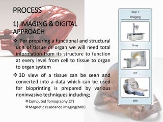 PROCESS
1) IMAGING & DIGITAL
APPROACH
 For preparing a functional and structural
unit of tissue or organ we will need total
information from its structure to function
at every level from cell to tissue to organ
to organ system
 3D view of a tissue can be seen and
converted into a data which can be used
for bioprinting is prepared by various
noninvasive techniques including;
Computed Tomography(CT)
Magnetic resonance imaging(MRI)
3
 