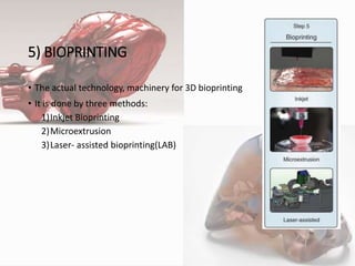 5) BIOPRINTING
• The actual technology, machinery for 3D bioprinting
• It is done by three methods:
1)Inkjet Bioprinting
2)Microextrusion
3)Laser- assisted bioprinting(LAB)
7
 