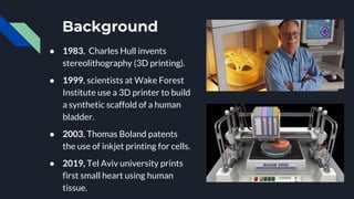 Background
● 1983, Charles Hull invents
stereolithography (3D printing).
● 1999, scientists at Wake Forest
Institute use a 3D printer to build
a synthetic scaffold of a human
bladder.
● 2003, Thomas Boland patents
the use of inkjet printing for cells.
● 2019, Tel Aviv university prints
first small heart using human
tissue.
 