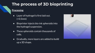 The process of 3D bioprinting
Processing
● Layer of hydrogel is first laid out.
(<0.5mm)
● Bioprinter injects bio-ink spheroids into
the hydrogel suspension.
● These spheroids contain thousands of
cells.
● Gradually, more layers are added to build
up a 3D shape.
 