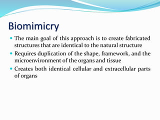 Biomimicry
 The main goal of this approach is to create fabricated
structures that are identical to the natural structure
 Requires duplication of the shape, framework, and the
microenvironment of the organs and tissue
 Creates both identical cellular and extracellular parts
of organs
12
 