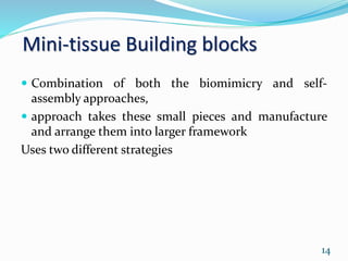 Mini-tissue Building blocks
 Combination of both the biomimicry and self-
assembly approaches,
 approach takes these small pieces and manufacture
and arrange them into larger framework
Uses two different strategies
14
 