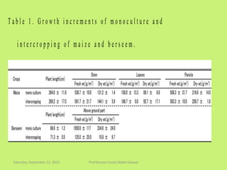 T a b l e 1 . G r o w t h i n c r e m e n t s o f m o n o c u l t u r e a n d
i n t e r c r o p p i n g o f m a i z e a n d b e r s e e m .
Saturday, September 12, 2015 Prof.Korany Ismail Abdel-Gawad
 