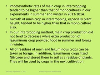 • Photosynthetic rates of main crop in intercropping
tended to be higher than that of monocultures in our
experiments in summer and winter in 2013-2014.
• Growth of main crop in intercropping, especially plant
height, tended to be higher than that in mono culture
also.
• In our intercropping method, main crop production did
not tend to decrease while extra production of
leguminous crop provided food in summer and forage
in winter.
• All of residues of main and leguminous crops can be
taken as forage. In addition, leguminous crops fixed
Nitrogen and stored them in soil as a residue of plants.
They will be used by crops in the next cultivation.
Saturday, September 12, 2015 Prof.Korany Ismail Abdel-Gawad
 