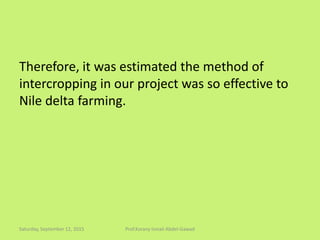 Therefore, it was estimated the method of
intercropping in our project was so effective to
Nile delta farming.
Saturday, September 12, 2015 Prof.Korany Ismail Abdel-Gawad
 