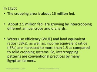 In Egypt
• The cropping area is about 16 million fed.
• About 2.5 million fed. are growing by intercropping
different annual crops and orchards.
• Water use efficiency (WUE) and land equivalent
ratios (LERs), as well as, income equivalent ratios
(IERs) are increased to more than 1.5 as compared
to solid cropping systems. So, intercropping
patterns are conventional practices by many
Egyptian farmers.
Saturday, September 12, 2015 Prof.Korany Ismail Abdel-Gawad
 