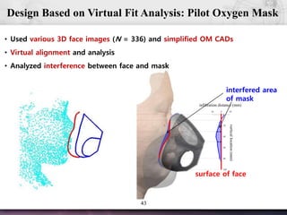 43
Design Based on Virtual Fit Analysis: Pilot Oxygen Mask
0
20
40
60
80
100
-10010
infiltration distance (mm)
verticallocation(mm)
surface of face
• Used various 3D face images (N = 336) and simplified OM CADs
• Virtual alignment and analysis
• Analyzed interference between face and mask
interfered area
of mask
 