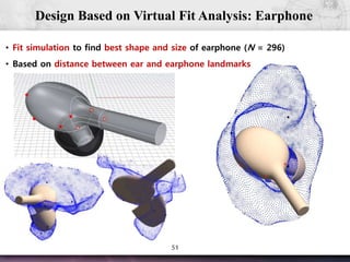 51
Design Based on Virtual Fit Analysis: Earphone
• Fit simulation to find best shape and size of earphone (N = 296)
• Based on distance between ear and earphone landmarks
 