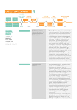 CAREER DEVELOPMENT
BUSINESS
PARTNERS
LIMITED
ASSISTANT
GENERAL
MANAGER:
MARKETING
SEPT 2004 – CURRENT
Positioning Business
Partners as experts in
the entrepreneurial
business sector
 Position Business Partners as an organisation
that creates a culture of entrepreneurship and
as an enabler of successful entrepreneurial
businesses.
 Position Business Partners’ spokespeople as
experts and thought leaders in South Africa’s
SME sector through the media and events.
This includes the proactive monitoring
(environmental scanning) of the global and
local SME sector for potential issues that
could impact local clients (through the media
and other sources), keeping Business Partners
informed of the latest developments and
changes in the competitor landscape. Note:
Epic Communications drafts all media pitches,
press releases and opinion pieces,
disseminates these to the media, conducts
follow-ups to secure media interviews and
provides Business Partners spokespeople with
comprehensive briefs prior to each interview.
 Foster loyalty and support among existing
clients (customer relationship management).
Managing public
relations
 Build brand awareness of Business Partners
and its specialised SME services.
 Educate target audiences about the
company’s services and its key differentiators.
 Research, draft and disseminate releases to
key media (interviews with Business Partners
spokespeople to be conducted by Epic
Communications) and conduct follow-ups to
secure media exposure. Potential topics
include business / SME evaluation trends (tie-
in with services), company announcements,
new appointments, research findings, surveys
and statistics, profiling clients and success
stories, property finance services, and
Business Partners International.
 Monitor commercial features and surveys for
exposure to target audiences and supply
editorial material where applicable.
 Identify and facilitate speaker, panel or
networking opportunities at SME-focused
conferences.
 Identify opportunities for Business Partners’
spokespeople to provide commentary in the
media on topics such as Outlook 2014 for
SMEs, Quarterly Business Partners Limited
ADVERTISING
+
NEWSLETTER
EVENT
MGMT
PRESS
RELEASES
PUBLICIST
MEDIA +
MARKETING
MANAGER
PUBLICITY
MEDIA
MANAGER
PUBLICITY
NETWORKING
PUBLIC
RELATIONS
19992004
BUSINESS
PARTNERS
LIMITED
1993
FRANZ MARX
FILMS
EMI
MUSIC SA
2001
STOOM
PROMOTIONS
2002
JAM
2004
THEUNS
JORDAAN
 