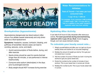 4
Water Recommendations for
Athletes:
Rule of Thumb = 1ml water per kcal
consumed daily
1 cup = 8 oz. = 240 ml
For example, if you consume 2,400 kcal/day
= 2,400ml water / 240 = 10 cups (80 oz.).
This is in addition to the water needed to
replenish water loss from activity!
Overhydration (hyponatremia)
Hyponatremia (dangerously low blood sodium) often
occurs if an athlete sweats extensively and only drinks
water as a fluid replacement.
Symptoms: headache, nausea, confusion, bloating, and
puffiness of hands/feet. Severe cases can lead to
vomiting, seizures, coma, and death.
• Avoid overconsumption of fluids before, during, and
after exercise
• Sports drinks should be used for events that last
longer than 60 minutes, or are performed in intense
heat/humidity
• Consume extra sodium (electrolytes) in the days
prior to prolonged exercise
• Body weight should NOT increase during exercise
Hydrating After Activity
It can take 8-24 hours to fully rehydrate after strenuous
activity. For each pound lost during exercise/training,
replenish with 2 cups (16 oz.) fluid. Avoid chugging,
though, as it can cause stomach cramps.
To calculate your hourly sweat rate…
1. Weigh yourself before and after your run (get out of your
sweaty shoes and clothes for an accurate weighing)
2. Multiply the amount of weight you lost by 16 to get your
net sweat loss in ounces
3. Add the number of ounces of fluids you took in during the
workout to get your gross sweat loss.
4. Divide this number by the number of minutes of your
workout. This is your sweat loss in ounces per minute.
5. Multiply this number by 60. This is your hourly sweat rate
in ounces.
 