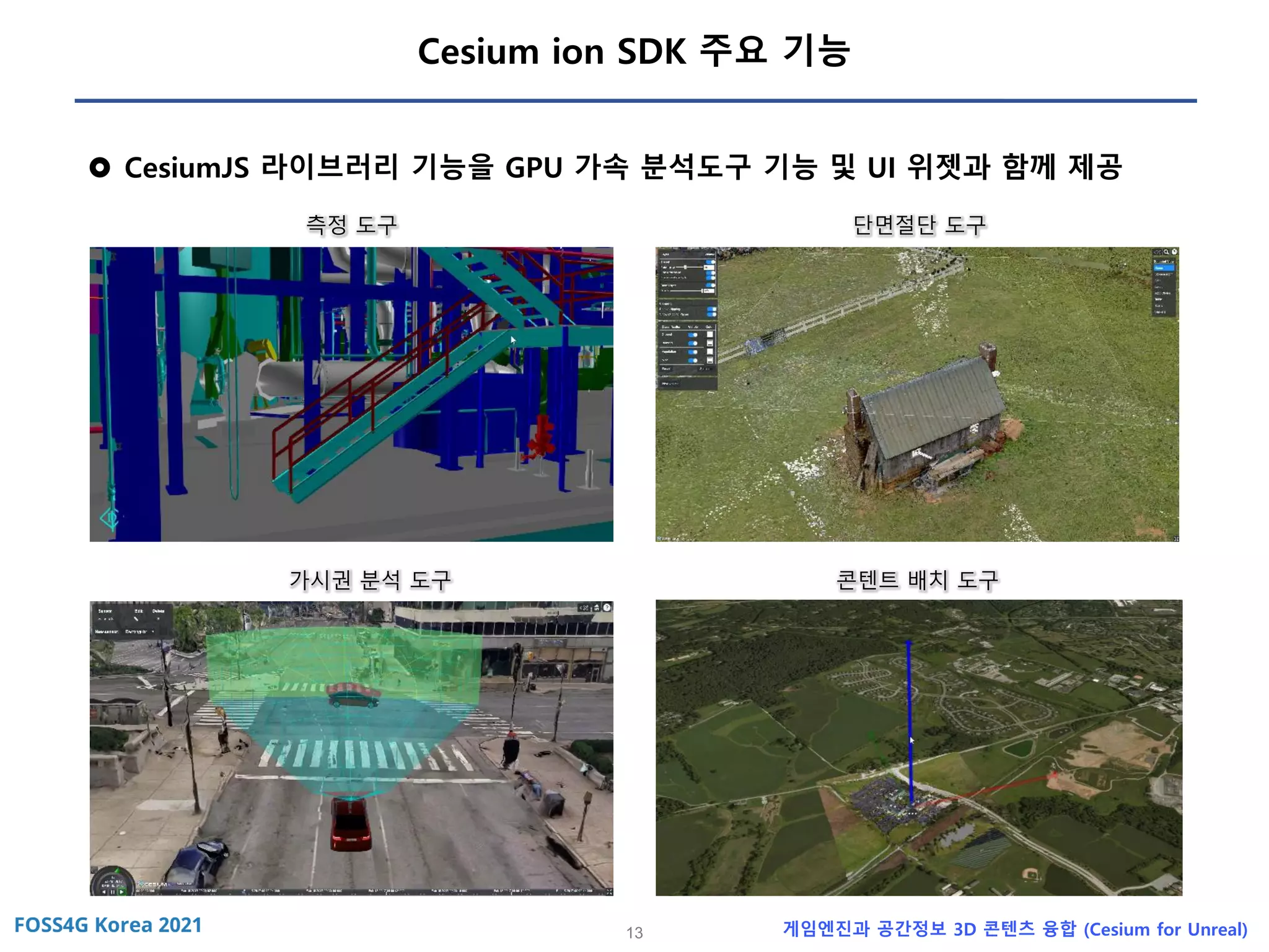 13 게임엔진과 공간정보 3D 콘텐츠 융합 (Cesium for Unreal)
Cesium ion SDK 주요 기능
 CesiumJS 라이브러리 기능을 GPU 가속 분석도구 기능 및 UI 위젯과 함께 제공
측정 도구 단면절단 도구
가시권 분석 도구 콘텐트 배치 도구
 