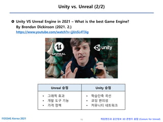 19 게임엔진과 공간정보 3D 콘텐츠 융합 (Cesium for Unreal)
Unity vs. Unreal (2/2)
 Unity VS Unreal Engine in 2021 – What is the best Game Engine?
By Brendan Dickinson (2021. 2.)
https://www.youtube.com/watch?v=jjUsSL4T3ig
Unreal 승점 Unity 승점
• 그래픽 효과
• 개발 도구 기능
• 가격 정책
• 학습단축 곡선
• 코딩 편의성
• 커뮤니티 네트워크
 